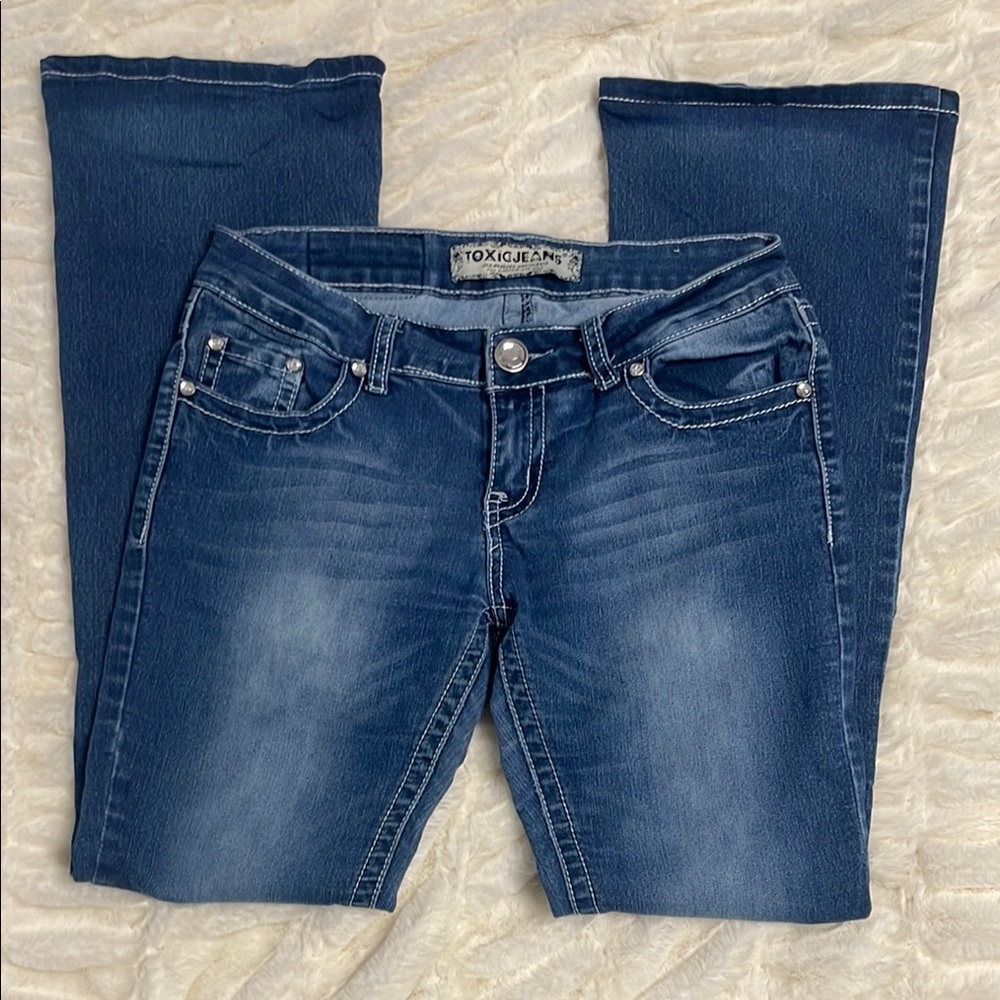 Classic Blue Boot Cut Jeans with Subtle Whiskering